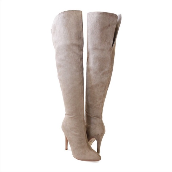 Beige Over The Knee Open Cuff Stiletto Heel Boots - Picture 3 of 6